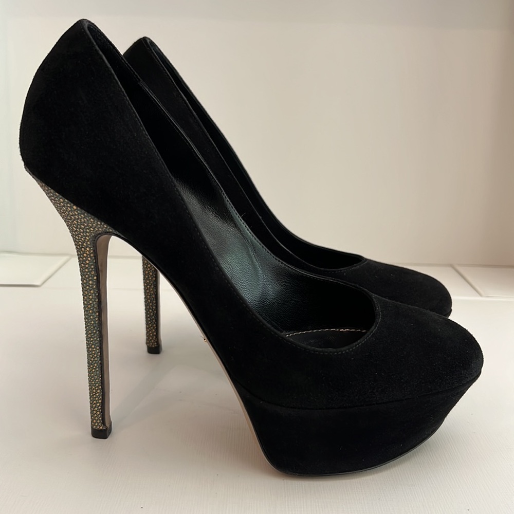 Sergio Rossi Black Suede Platform Pump with Gold embossed stiletto heel